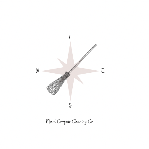Logo of the Moral Compass Cleaning Company, featuring a modest wooden broom in front of a compass star.